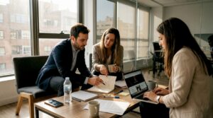 El equipo analiza diferentes opciones de agencias digitales durante una reunión en la sala de juntas.