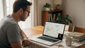 Un papá buscando colegios en Google Maps desde el sofá de su casa.