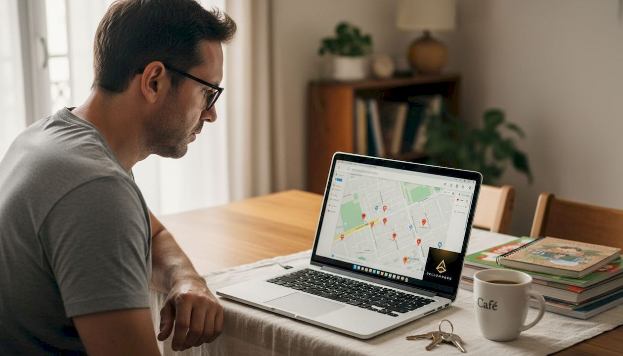 Un papá buscando colegios en Google Maps desde el sofá de su casa.
