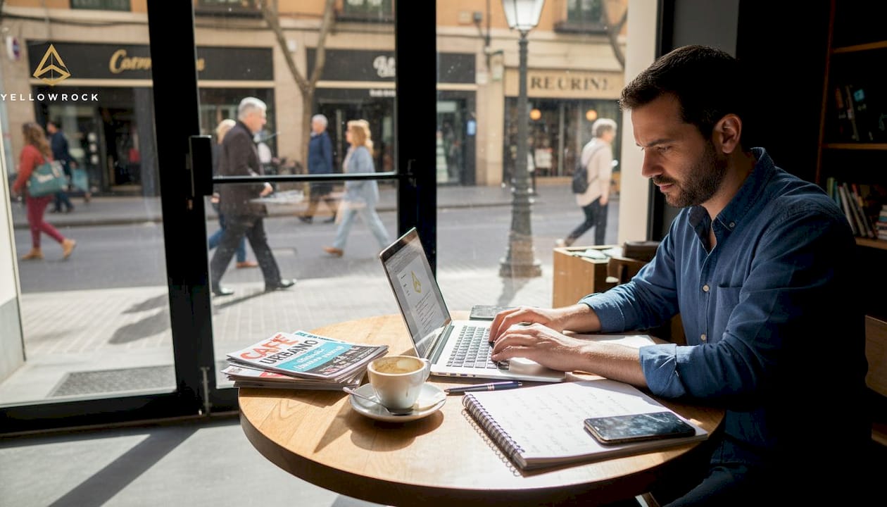 Hombre desarrollando una estrategia digital desde su oficina a pie de calle