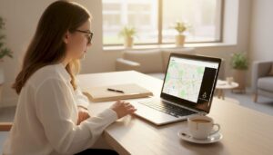 Recepcionista de clínica consulta Google Maps desde su ordenador portátil