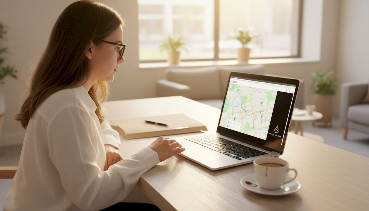 Recepcionista de clínica consulta Google Maps desde su ordenador portátil