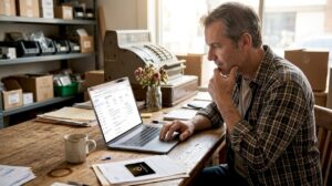 Propietario revisando el perfil de su negocio en Google desde la tienda