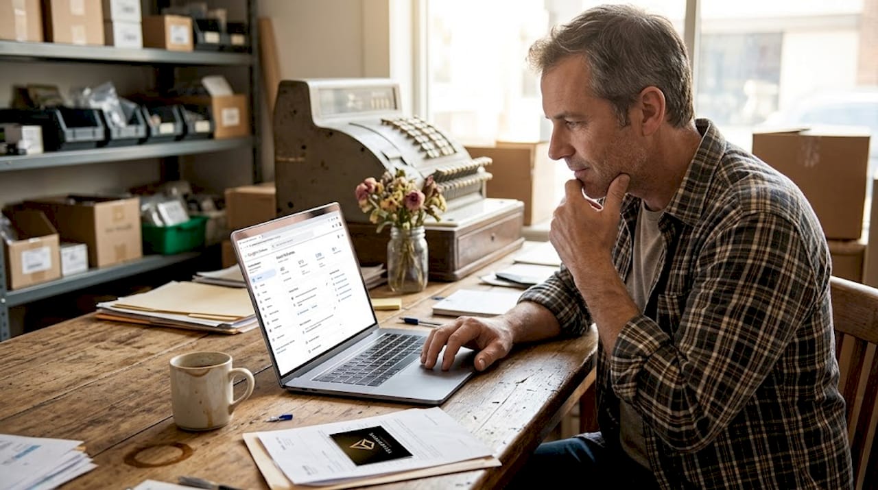 Propietario revisando el perfil de su negocio en Google desde la tienda