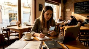 Dueña de un restaurante moderno revisando su smartphone mientras gestiona el local