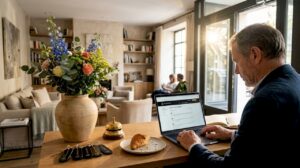 El gerente del hotel revisa las valoraciones que los huéspedes han dejado en internet mientras está en el vestíbulo.