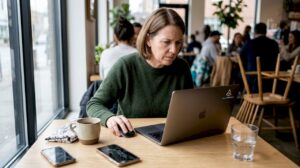 Una mujer consulta opiniones en su portátil mientras disfruta de un café en una cafetería.