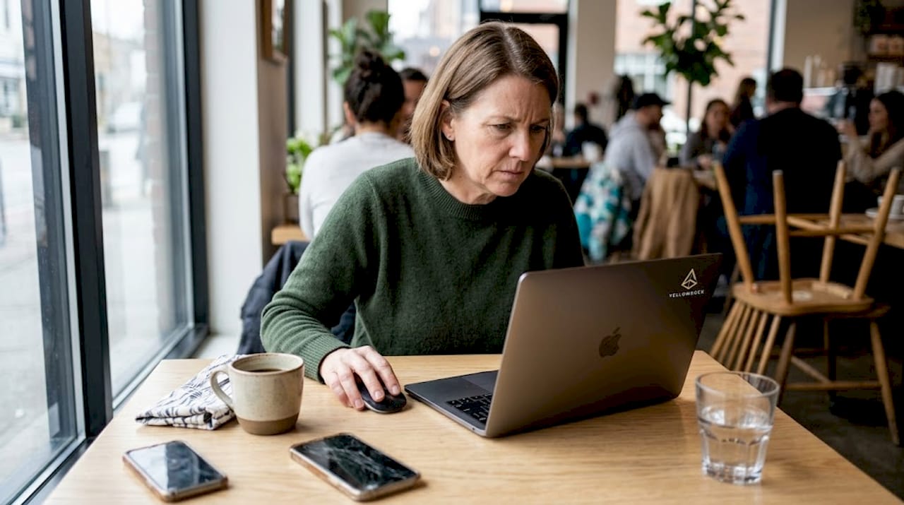 Una mujer consulta opiniones en su portátil mientras disfruta de un café en una cafetería.