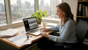 Asesora inmobiliaria revisando las fichas de viviendas en su despacho