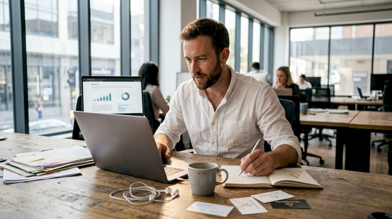 Emprendedor gestionando campañas de Google Ads desde un espacio de coworking