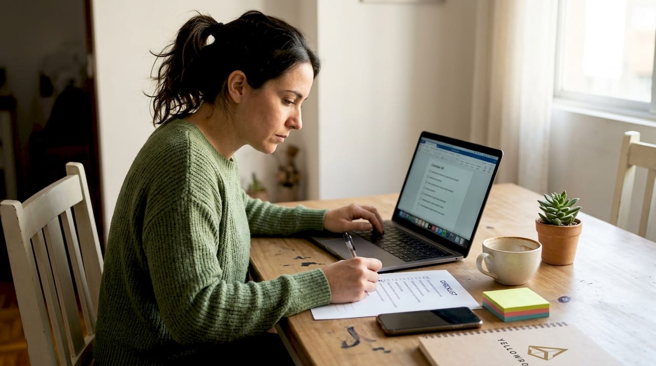 Dueño de negocio revisando su lista de tareas SEO desde casa