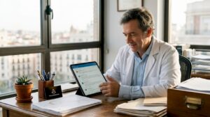 Médico consultando opiniones de pacientes en su consultorio