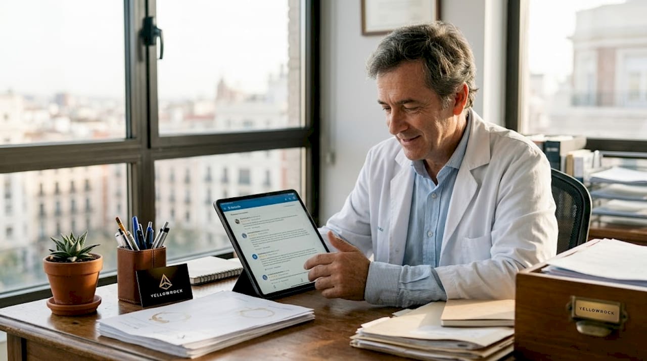 Médico consultando opiniones de pacientes en su consultorio