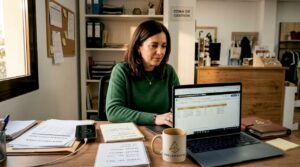 Una mujer consulta promociones de tiendas desde su puesto de trabajo.