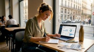 Mujer de negocios organizando la estrategia de marketing en una oficina luminosa