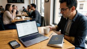 Dueño de un negocio revisando su perfil de Google mientras toma un café