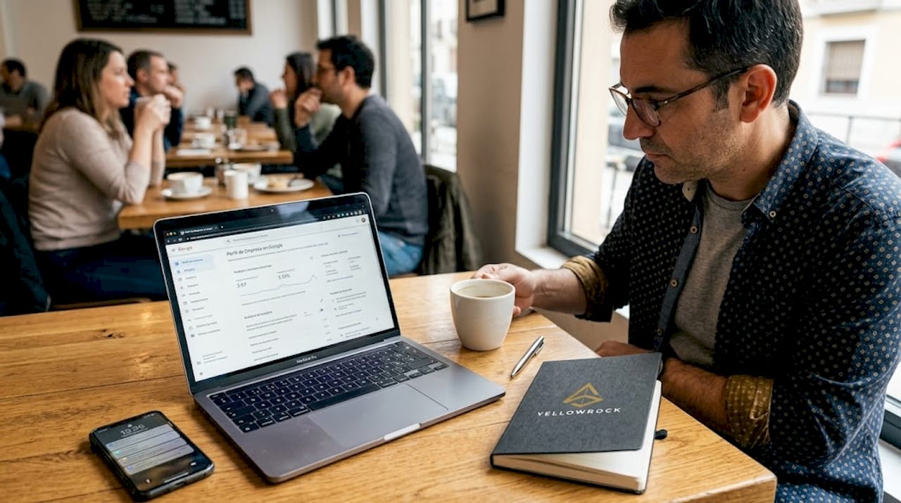 Dueño de un negocio revisando su perfil de Google mientras toma un café