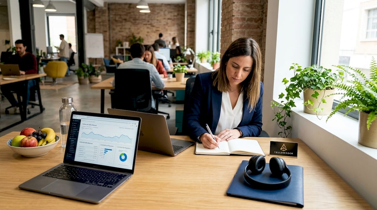 Mujer trabajando en una agencia de marketing digital en una oficina de ambiente abierto
