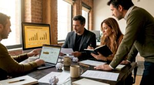 Equipo trabajando en conjunto para definir la estrategia de marketing digital
