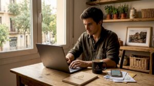 Una emprendedora revisa Google Maps sentada en la mesa de su cocina, planificando los próximos pasos de su pequeño negocio.