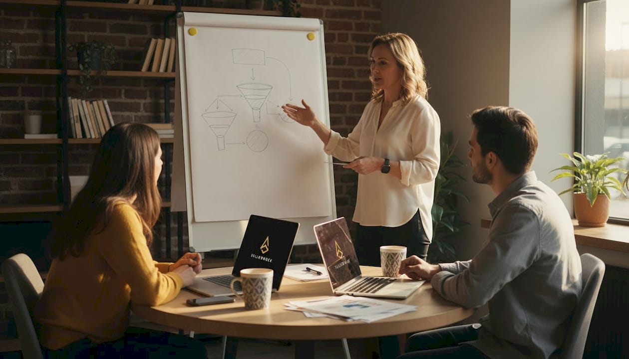 Propietaria analizando la estrategia de marketing de su pequeña empresa