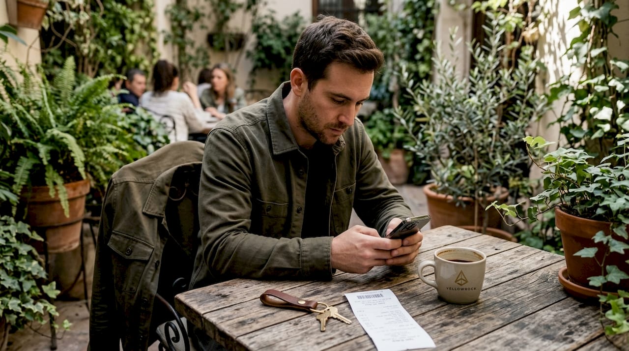 Persona buscando información local desde su móvil mientras toma un café