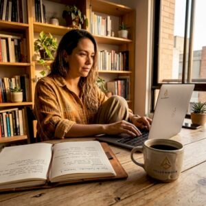 Emprendedora gestionando su negocio y creando contenido desde casa