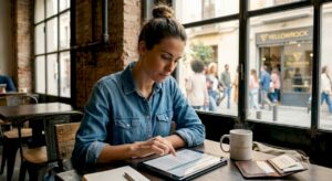 El dueño del negocio revisa la tablet detrás del mostrador.