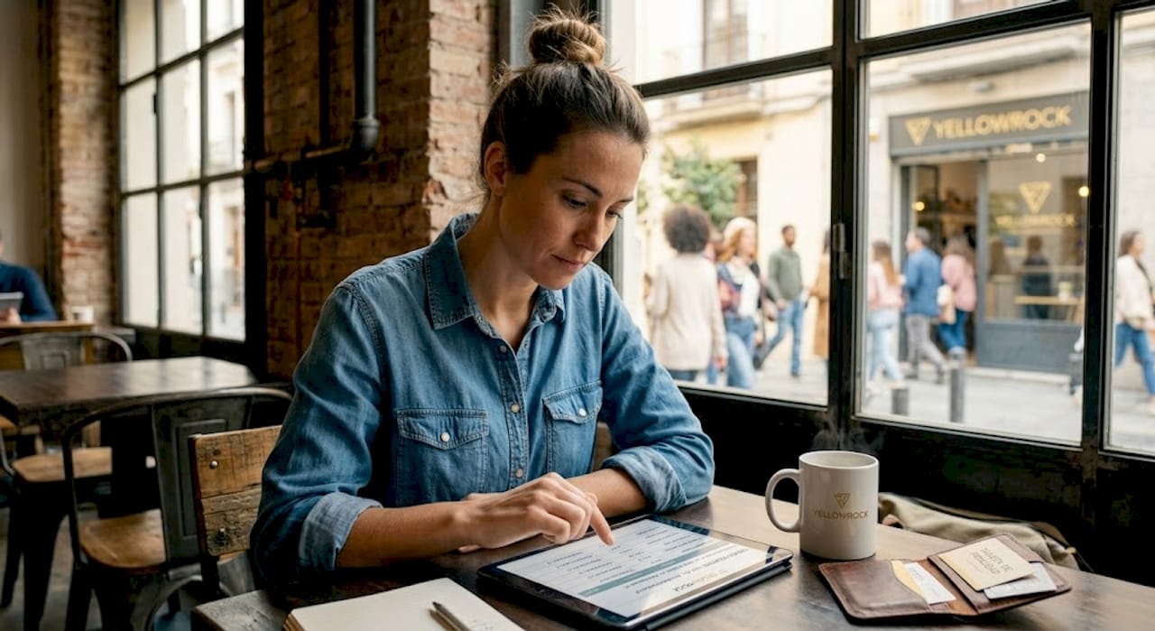 El dueño del negocio revisa la tablet detrás del mostrador.