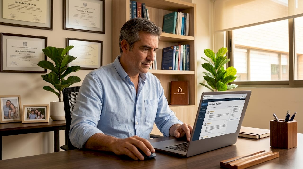 Doctor revisando opiniones de pacientes en su consultorio