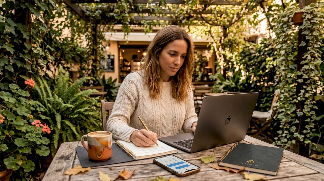 Una mujer está sentada en una cafetería, concentrada en buscar palabras clave para su próximo proyecto.