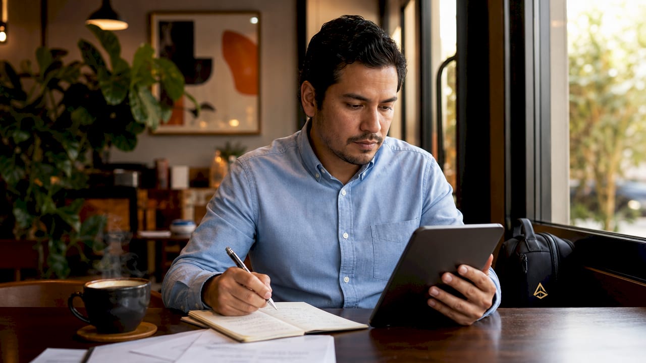 Profesional latino evaluando el interés de compra en su lugar de trabajo