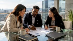 El equipo trabajando en conjunto para definir la estrategia de captación de nuevos clientes.