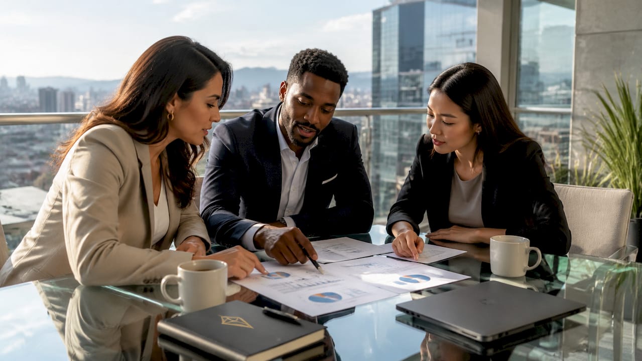 El equipo trabajando en conjunto para definir la estrategia de captación de nuevos clientes.