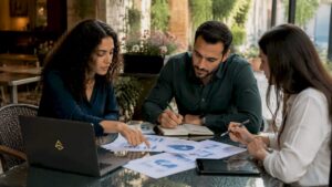 El equipo de marketing se reúne en la oficina para definir la estrategia de posicionamiento SEO.