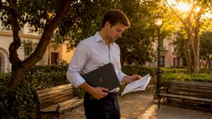Empresario organizando la estrategia de marketing digital en su despacho de Málaga