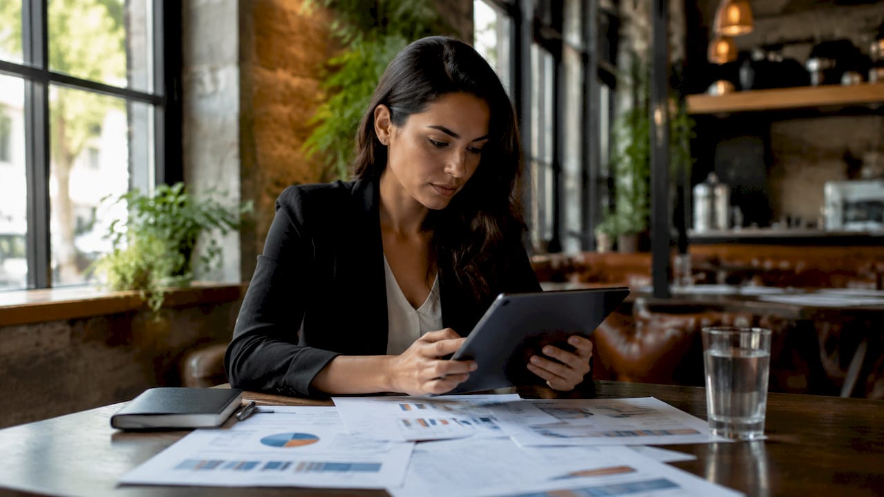 Mujer latina revisando y elaborando documentos de SEO en su escritorio.