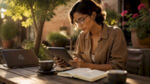 Mujer de negocios revisando su estrategia de marketing digital mientras disfruta de un café