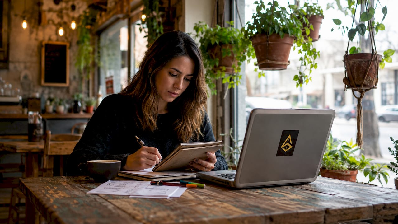 Joven emprendedora gestionando estrategias de marketing digital desde un espacio de coworking.