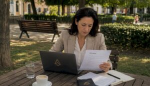 Una mujer optimizando el posicionamiento local de su negocio mientras disfruta de un café en una terraza europea.