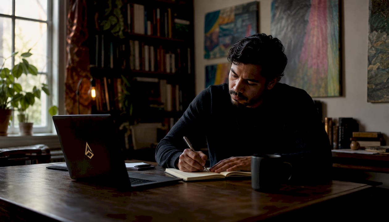 Un emprendedor desarrollando la página web institucional de su negocio local.