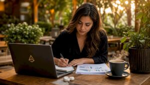 Joven empresaria diseñando una estrategia de marketing viral mientras toma un café