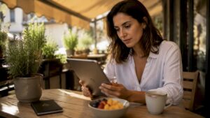 Mujer consultando la información de un negocio local desde su tablet