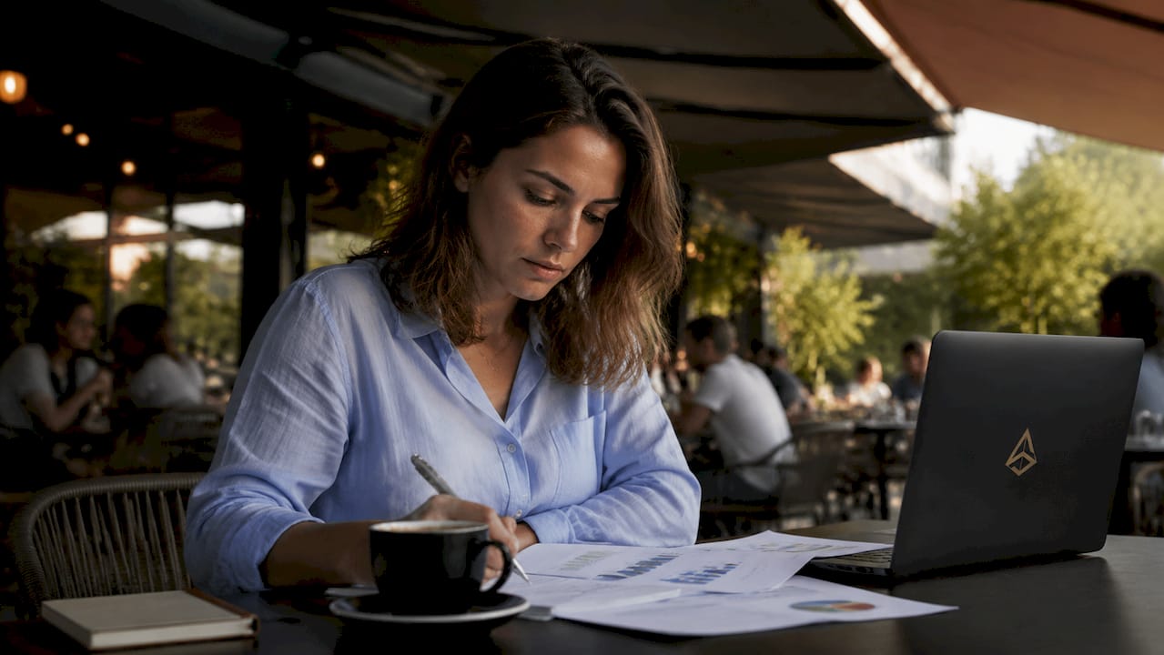 Empresario analizando documentos de estrategia de marketing en su escritorio.