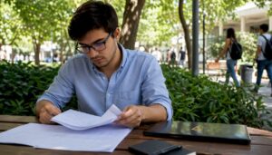 Joven profesional trabajando en la oficina administrativa de la universidad, revisando y organizando papeles.