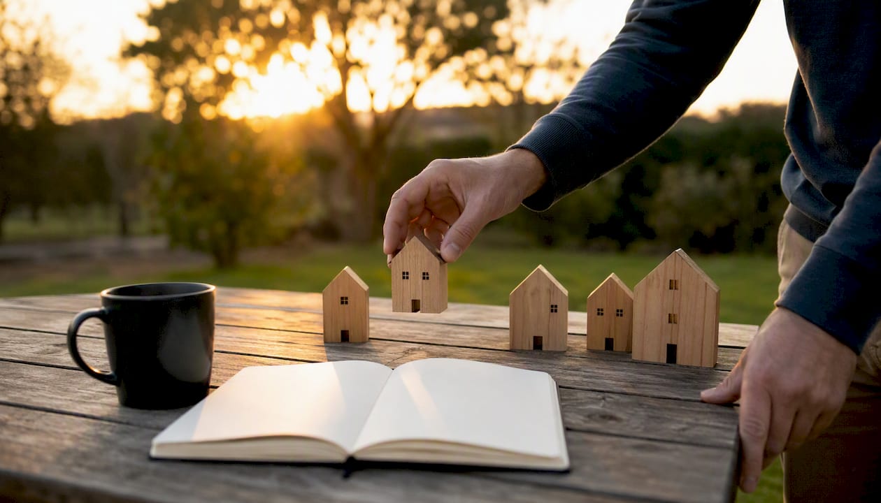 Mano colocando maquetas de casas para definir una estrategia de mercado