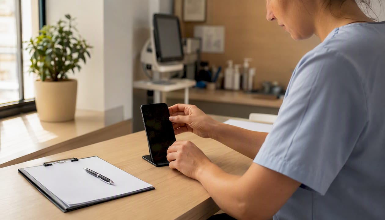 Unas manos manipulan un teléfono móvil en la recepción de la clínica.
