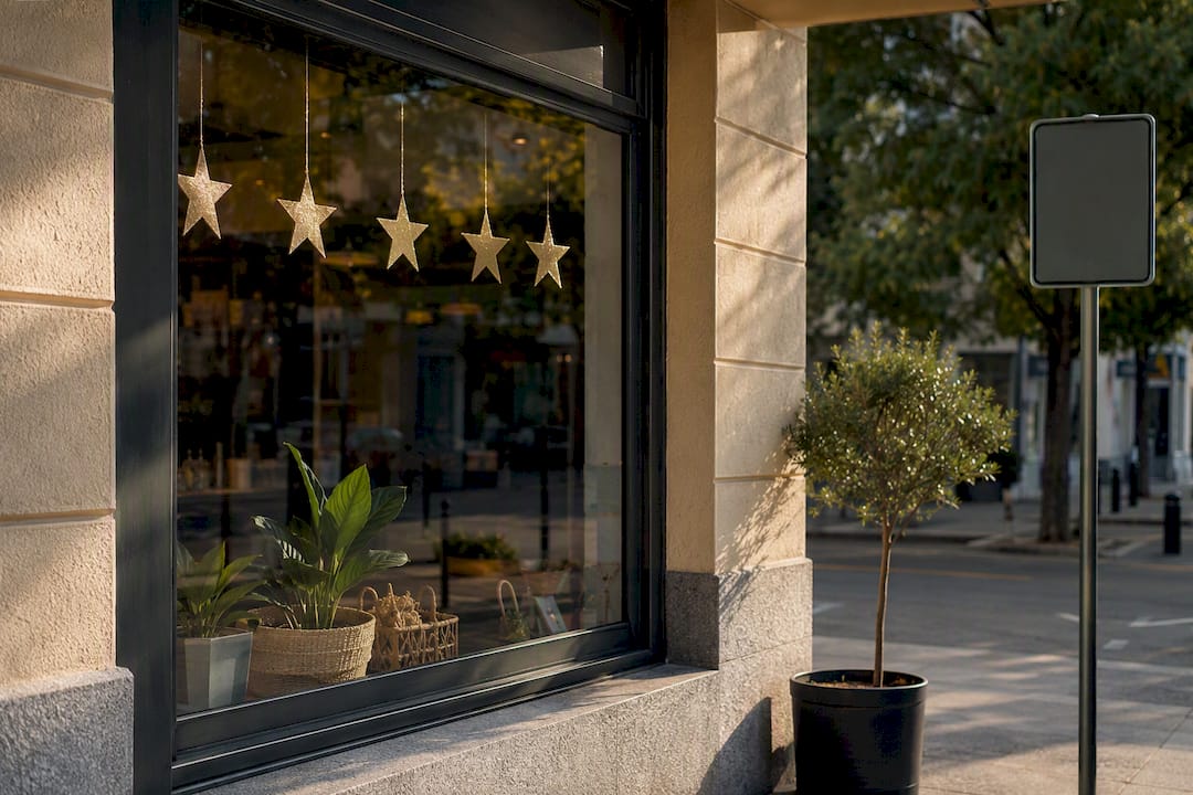 Escaparate de tienda local con decoración de estrellas colgantes para reseñas