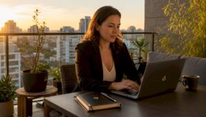 Mujer consultando su perfil de Google desde el portátil