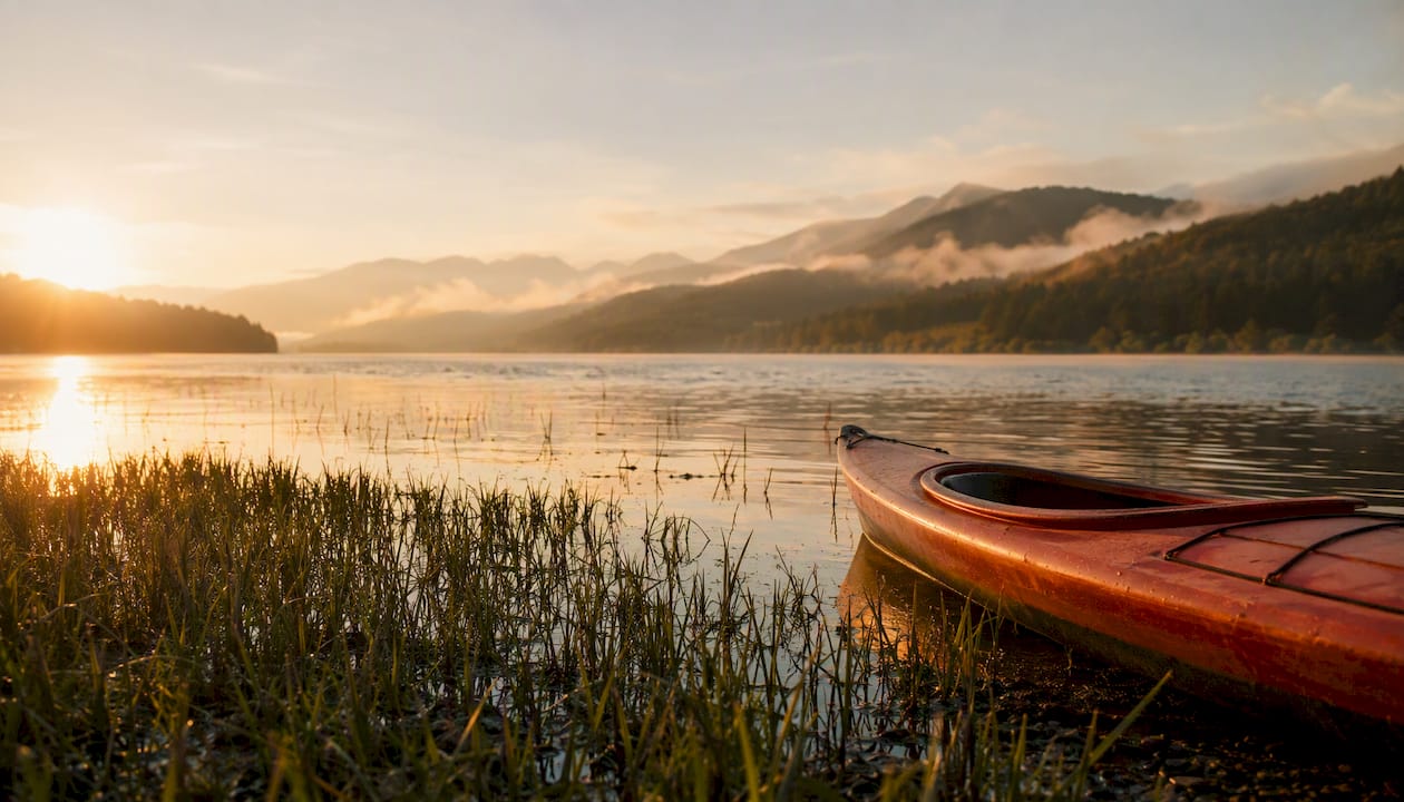 Un kayak reposando en la orilla del lago, con las montañas de fondo.